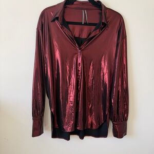 By Anthropologie Shine Metallic Burgundy Button Down Shirt Size S